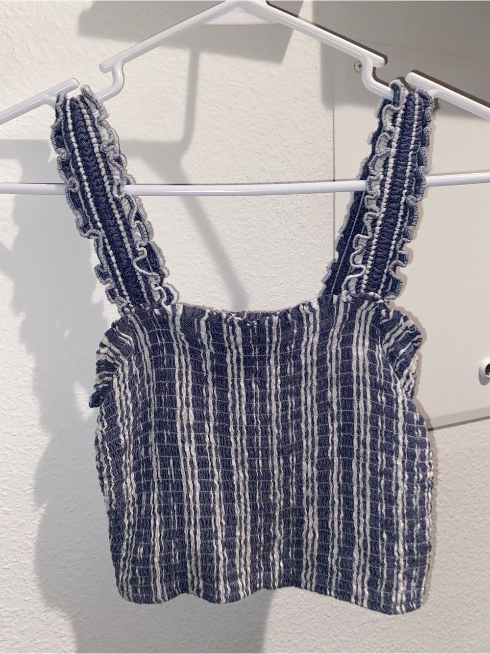 Hollister Navy & White Smocked Striped Ruffle-strap Crop Top
